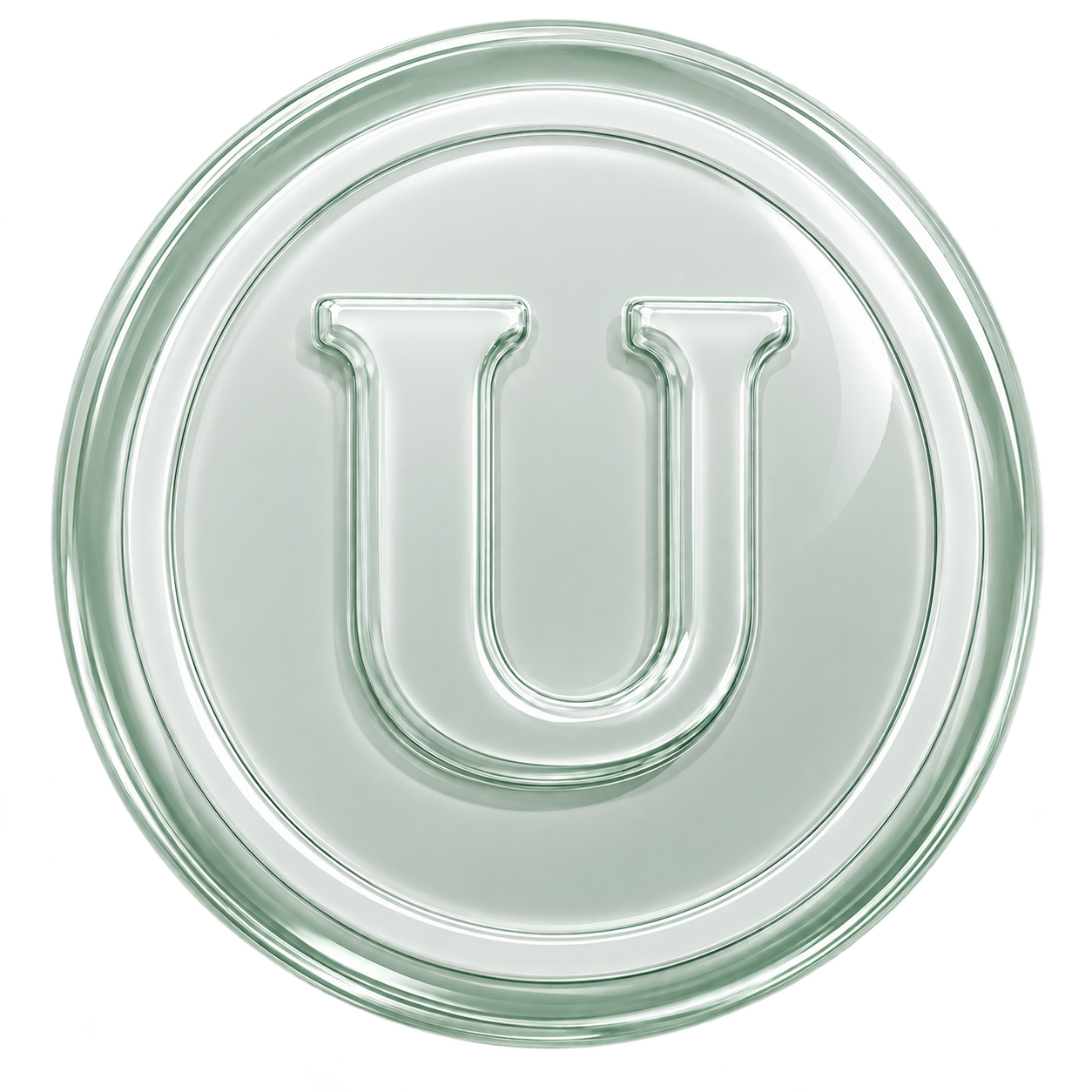 Transparent glass coin with the letter U